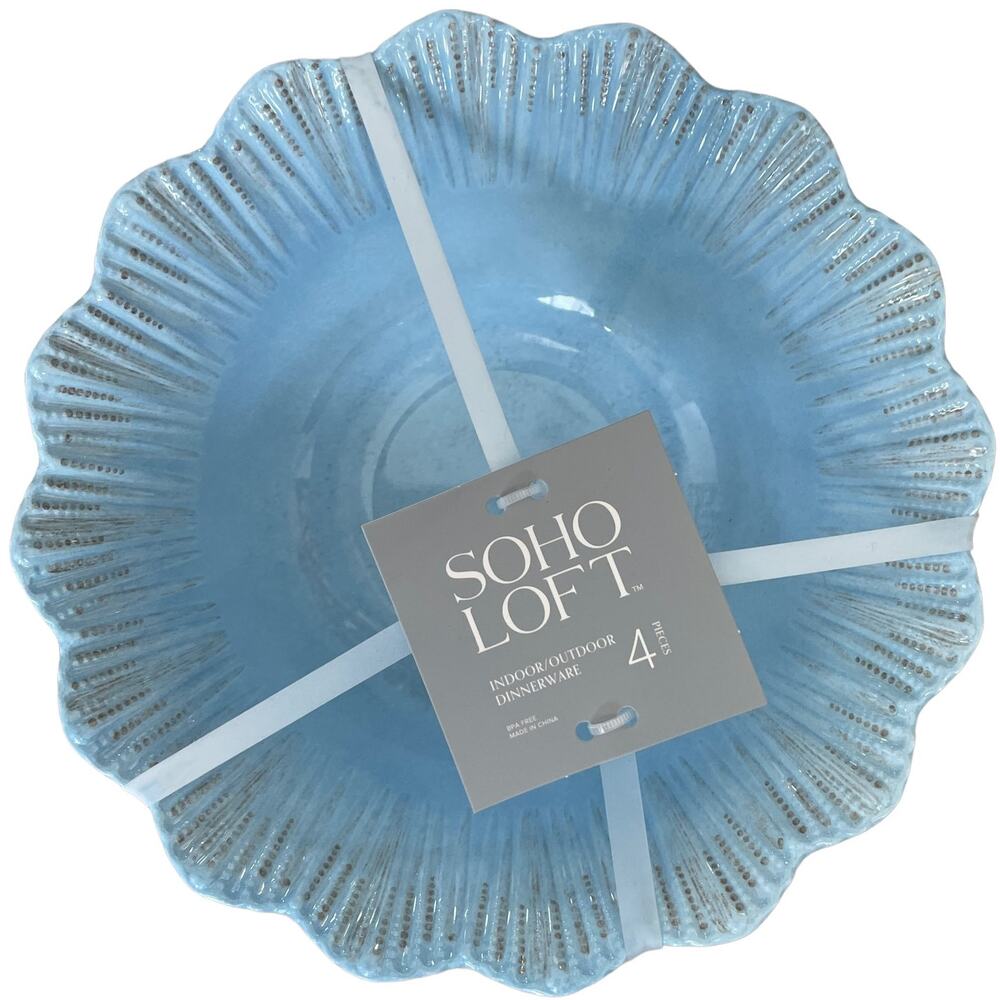 SOHO LOFT Melamine Indoor Outdoor 8in Salad Bowl Set 4 Blue Scalloped Edge  NEW